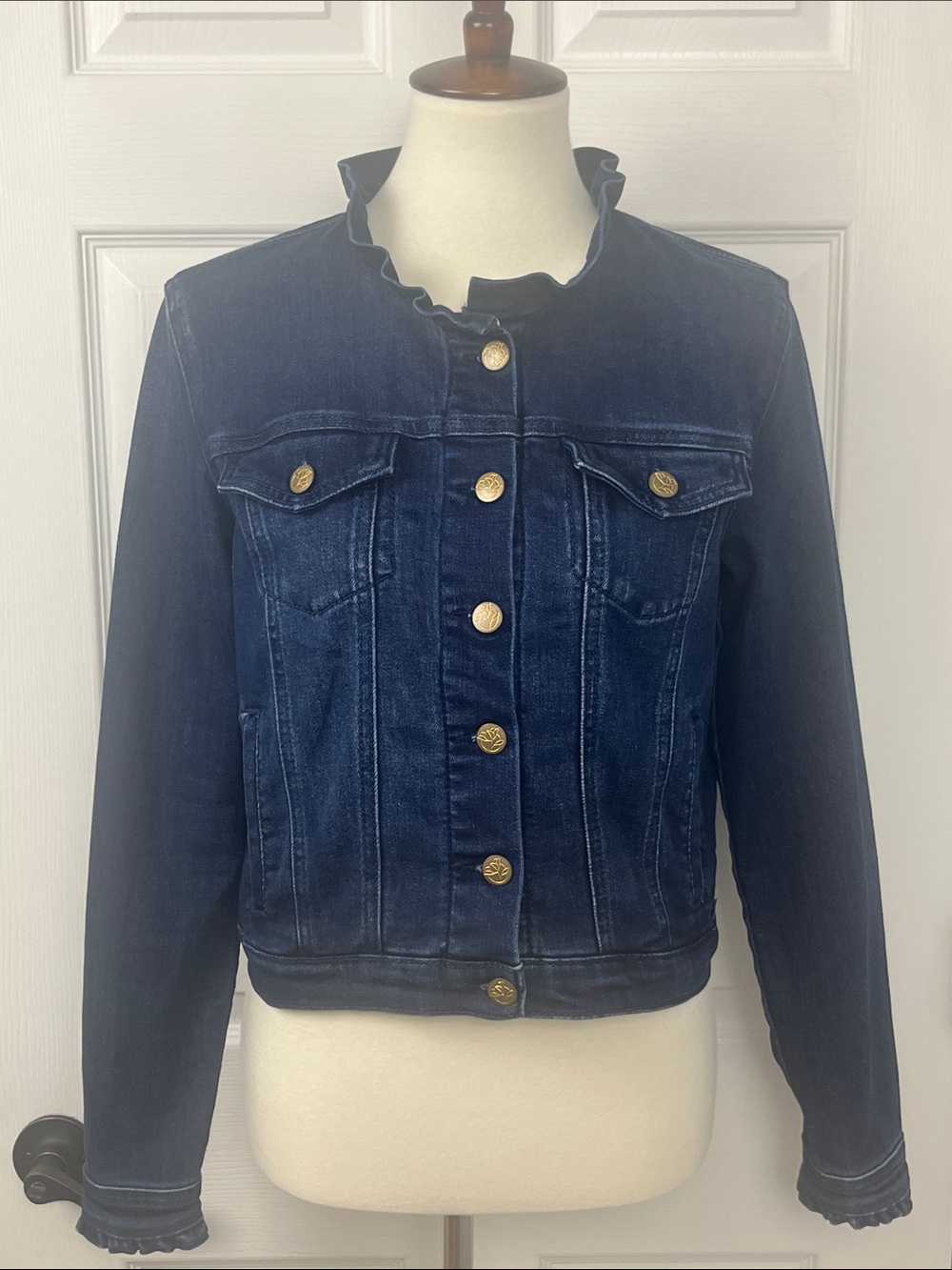 Draper James RSVP  Blue Denim Jacket With Ruffle Collar & Gold Tone Buttons